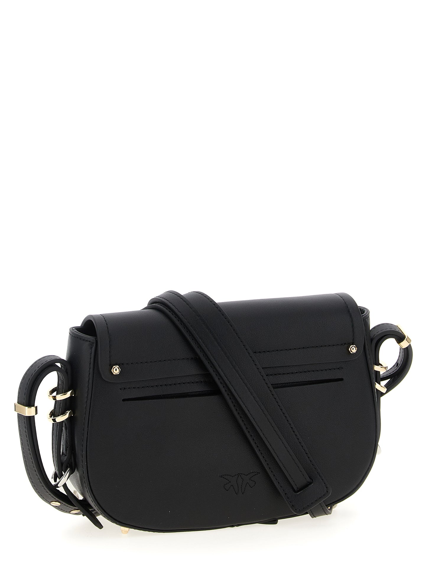 Mini Crossbody Saddle Handbag by PINKO for women in cotton & calfskin leather black, gold & silver features a transformative elegance silhouette, showcasing a secure flap & magnetic, organized , and versatile crossbody-strap, shoulder-strap & adjustable-strap for a transformative elegance look.