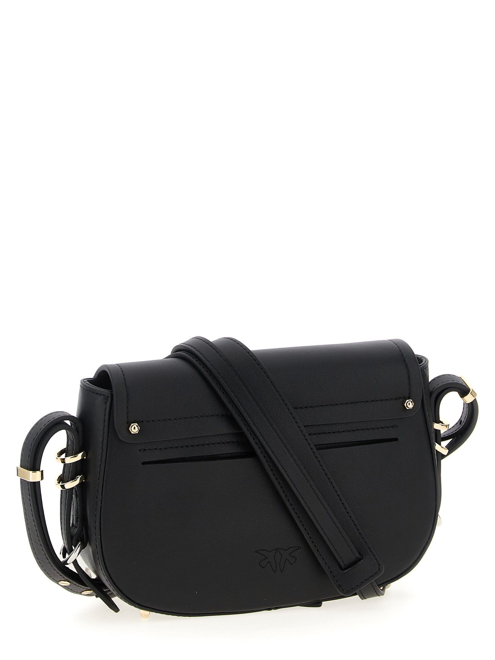 Mini Crossbody Saddle Handbag by PINKO for women in cotton & calfskin leather black, gold & silver features a transformative elegance silhouette, showcasing a secure flap & magnetic, organized , and versatile crossbody-strap, shoulder-strap & adjustable-strap for a transformative elegance look.