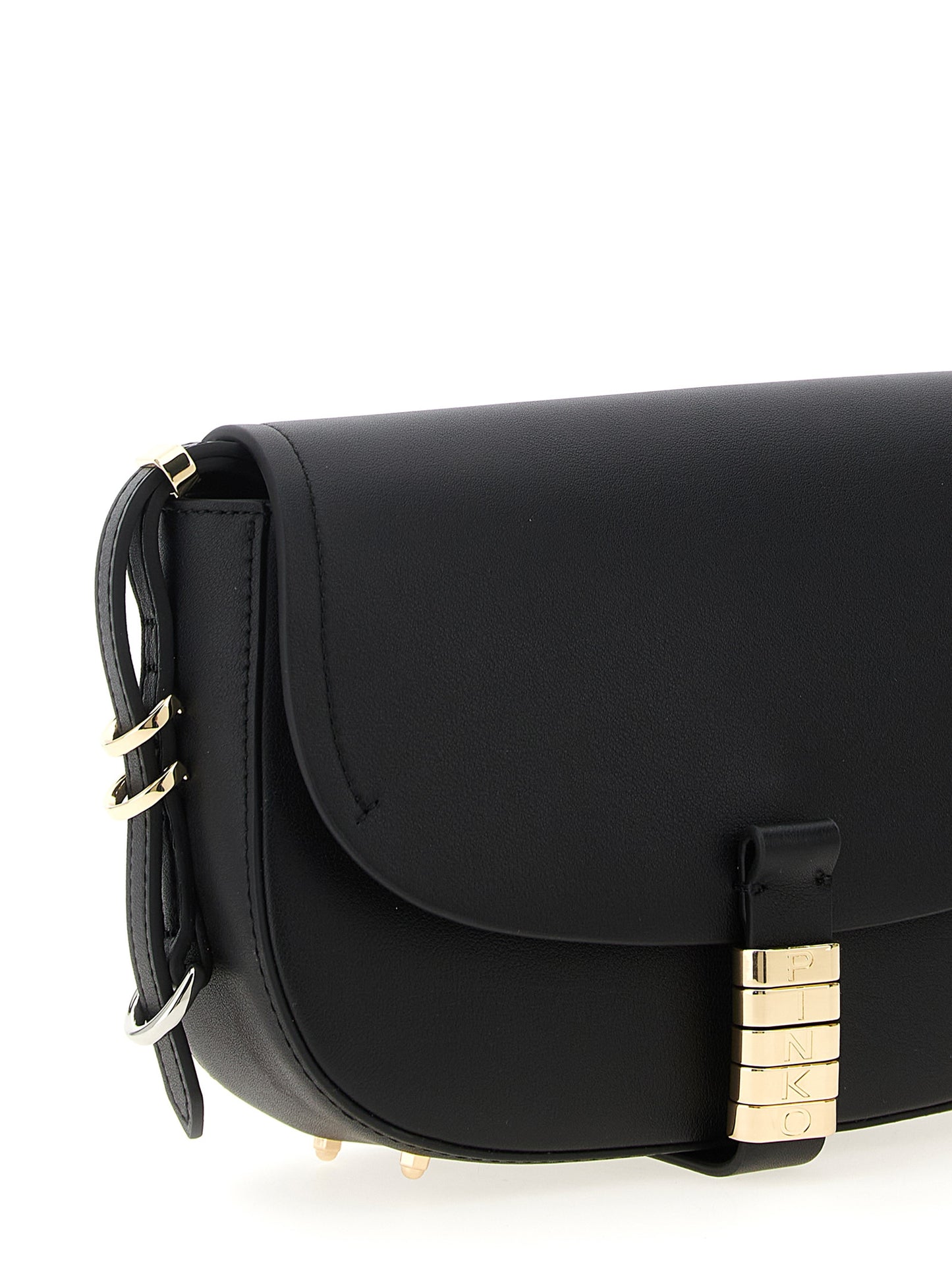 Mini Crossbody Saddle Handbag by PINKO for women in cotton & calfskin leather black, gold & silver features a multifaceted silhouette, showcasing a secure flap & magnetic and multifaceted with versatile crossbody-strap, shoulder-strap & adjustable-strap for multifaceted style.