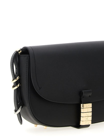 Mini Crossbody Saddle Handbag by PINKO for women in cotton & calfskin leather black, gold & silver features a multifaceted silhouette, showcasing a secure flap & magnetic and multifaceted with versatile crossbody-strap, shoulder-strap & adjustable-strap for multifaceted style.