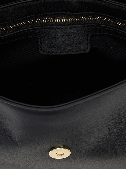 Mini Crossbody Saddle Handbag by PINKO for women in cotton & calfskin leather black, gold & silver features an multi-faceted design with a secure flap & magnetic, ample , and versatile crossbody-strap, shoulder-strap & adjustable-strap for a multi-faceted finish.
