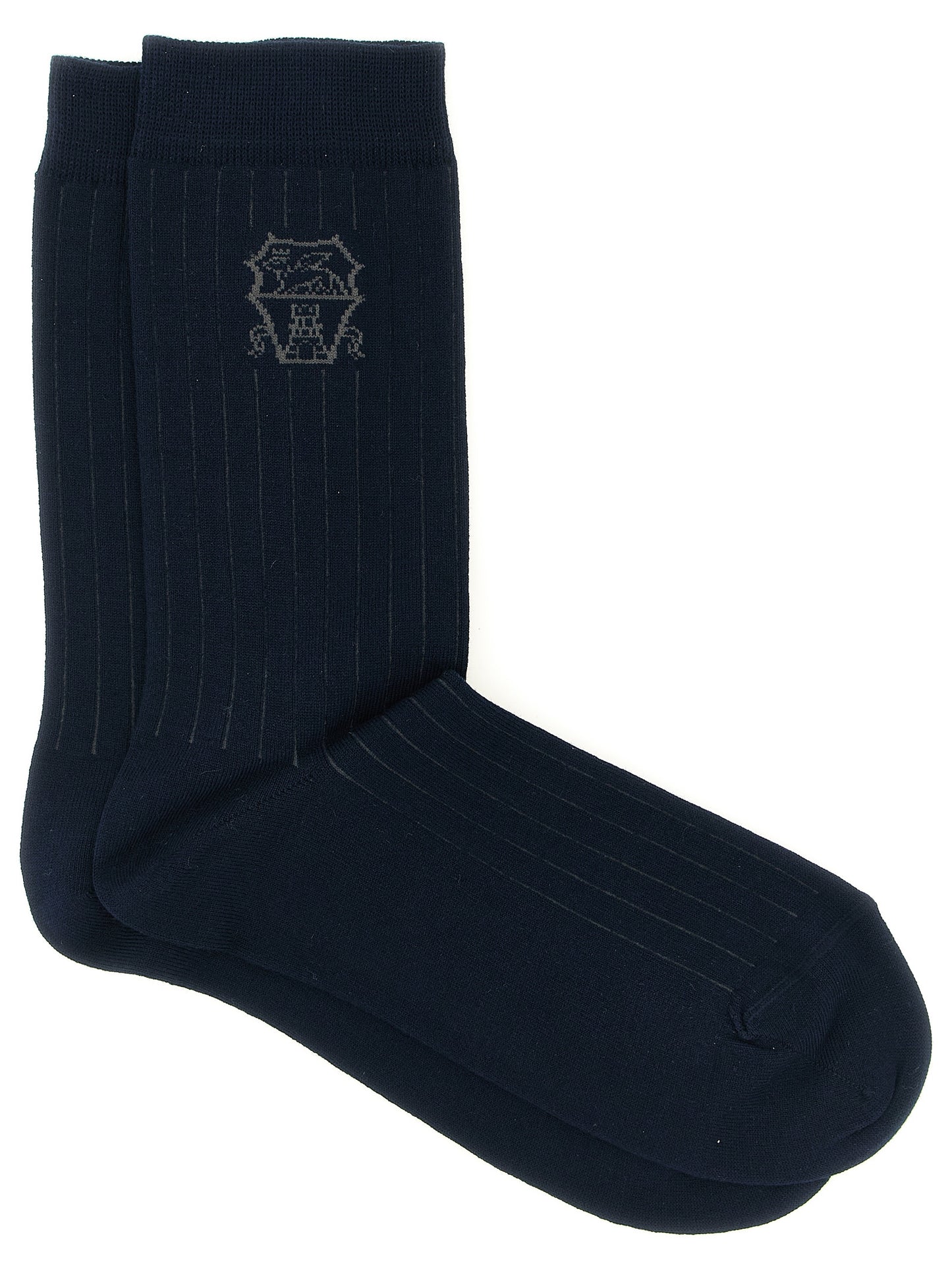 Socks by Brunello Cucinelli for men in calf leather & cotton gray & navy presents a perennial silhouette, artfully capturing the refined essence of the perennial Men's Calf Leather & Cotton Socks design with a perennial finish.