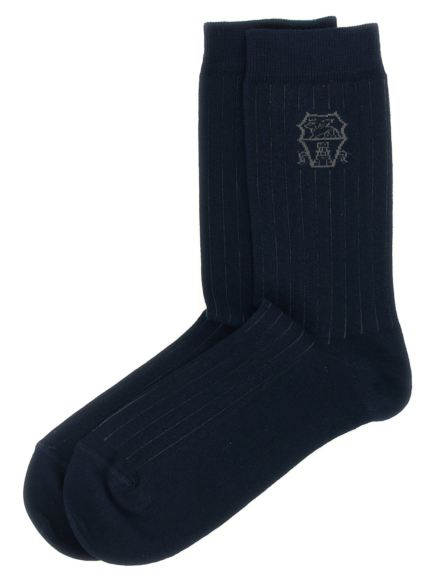 Socks by Brunello Cucinelli for men in calf leather & cotton gray & navy features an utilitarian chic finish from the Men's Calf Leather & Cotton Socks collection, offering an utilitarian chic fit that ensures sophisticated comfort.