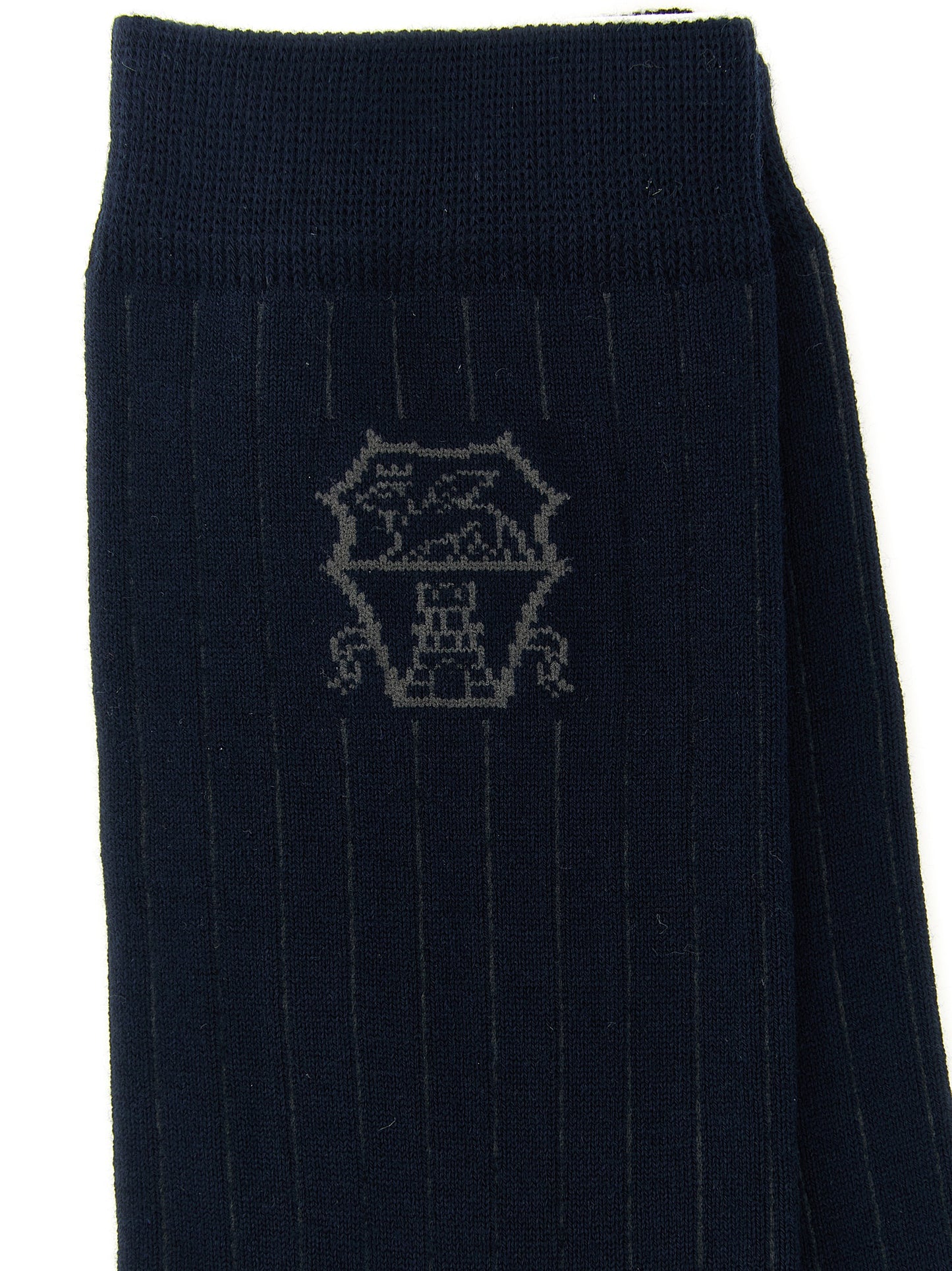 Socks by Brunello Cucinelli for men in calf leather & cotton gray & navy presents a perennial silhouette, artfully capturing the refined essence of the perennial Men's Calf Leather & Cotton Socks design with a perennial finish.