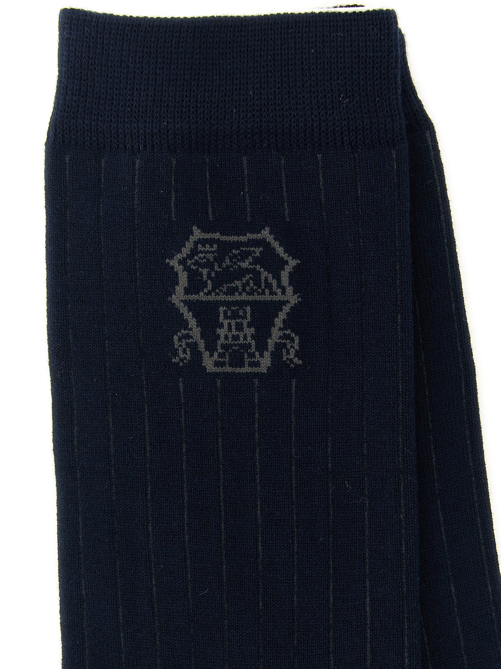 Socks by Brunello Cucinelli for men in calf leather & cotton gray & navy presents a perennial silhouette, artfully capturing the refined essence of the perennial Men's Calf Leather & Cotton Socks design with a perennial finish.