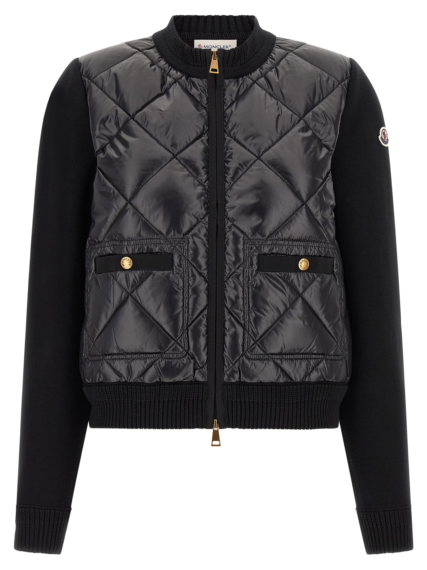 Cardigan by Moncler for women in plush nylon & cotton black & gold features an crisp silhouette, showcasing a sophisticated and detail for a truly crisp finish.