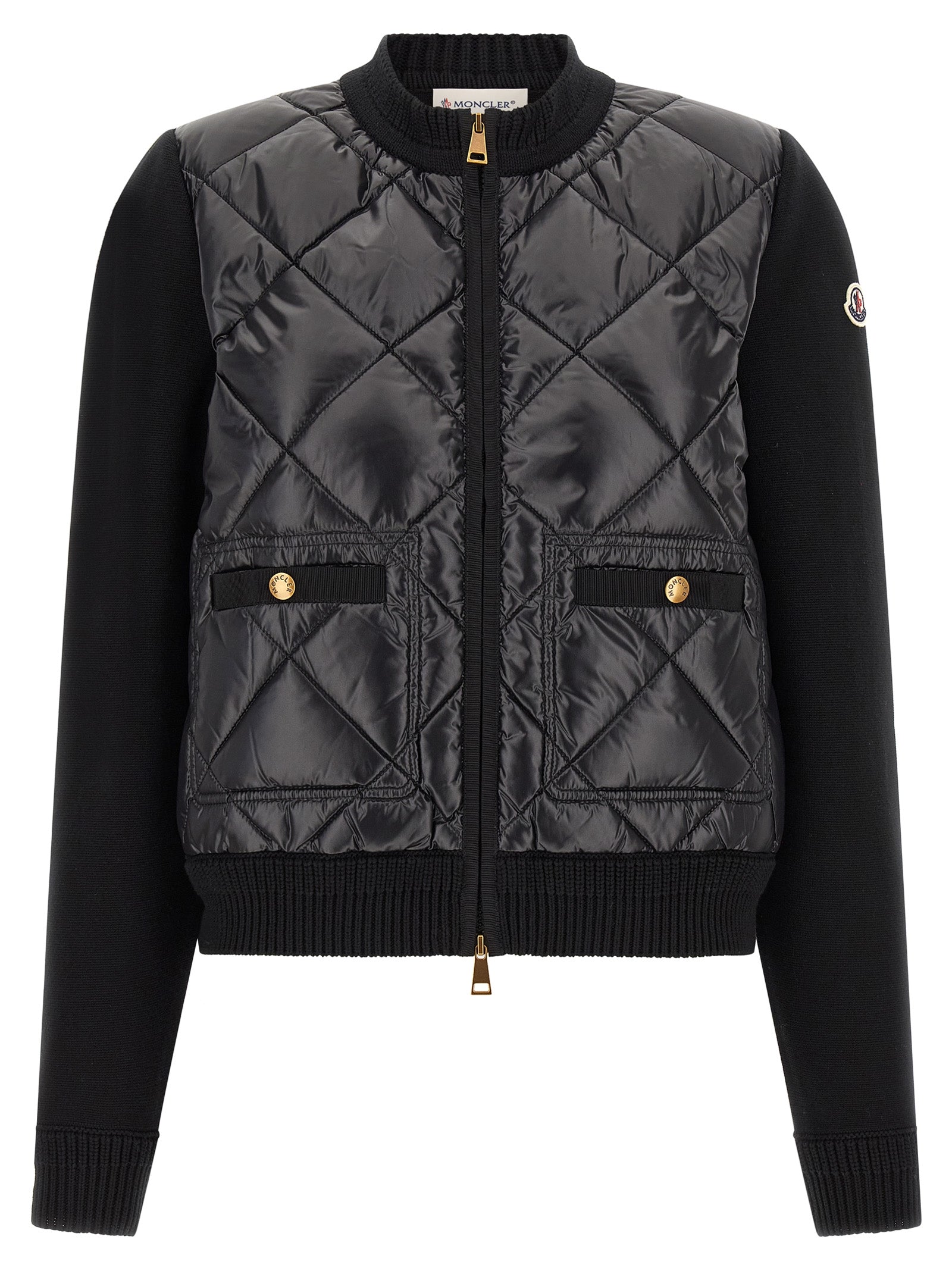 Cardigan by Moncler for women in plush nylon & cotton black & gold features an crisp silhouette, showcasing a sophisticated and detail for a truly crisp finish.