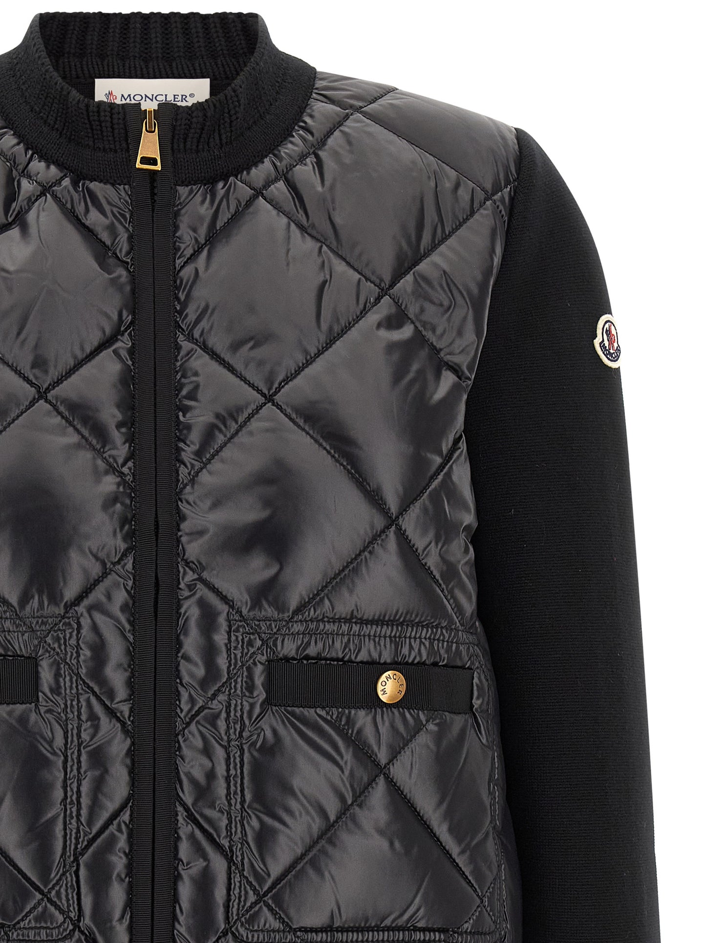 Cardigan by Moncler for women in plush nylon & cotton black & gold showcases a captivating silhouette, artfully detailed with a captivating and for a truly sophisticated captivating look.