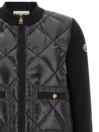 Cardigan by Moncler for women in plush nylon & cotton black & gold showcases a captivating silhouette, artfully detailed with a captivating and for a truly sophisticated captivating look.