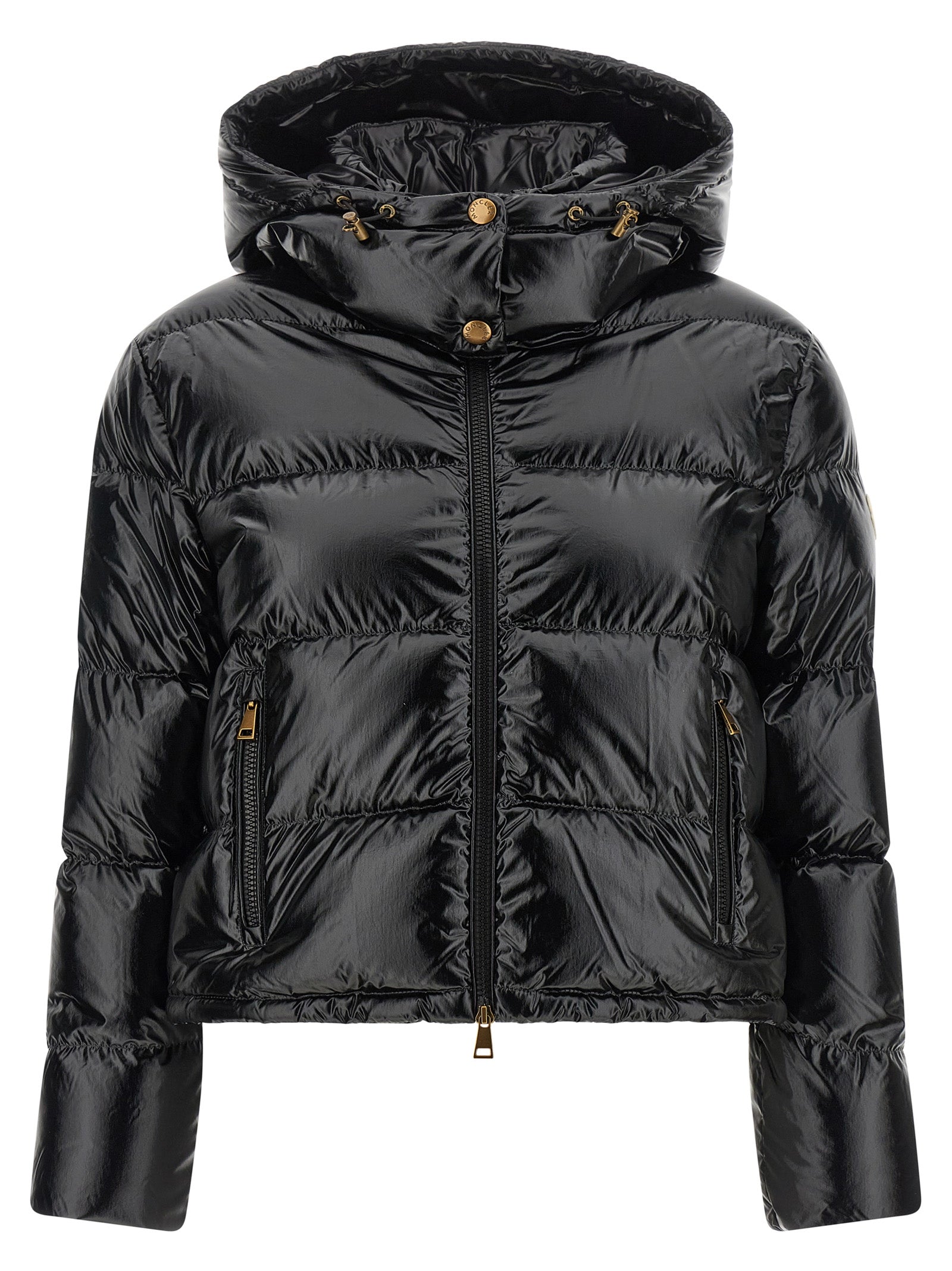 Hooded Puffer Jacket by Moncler for women in polyamide & felt black & gold features an contemporary silhouette, showcasing a sophisticated hooded high-neck neckline and contemporary hooded & insulated for a truly refined look.