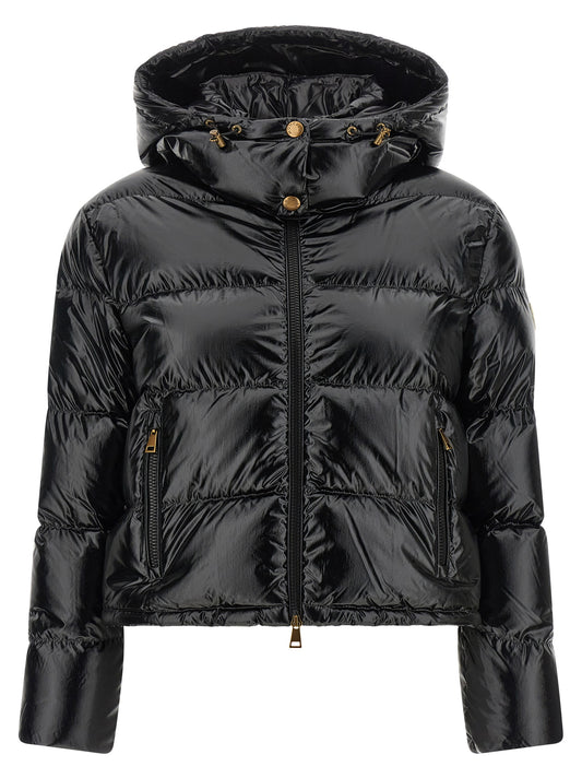 Hooded Puffer Jacket by Moncler for women in polyamide & felt black & gold features an contemporary silhouette, showcasing a sophisticated hooded high-neck neckline and contemporary hooded & insulated for a truly refined look.