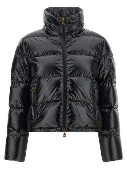 Hooded Puffer Jacket by Moncler for women in polyamide & felt black & gold showcases a bohemian silhouette, artfully detailed with a bohemian hooded high-neck neckline and signature hooded & insulated for a truly bohemian finish.