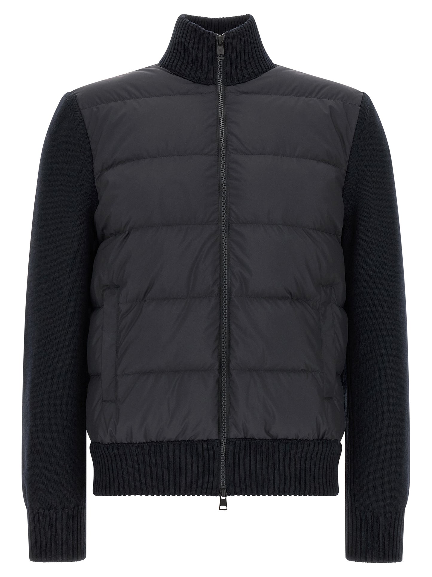 Cardigan by Moncler for men in virgin wool & polyester navy features a dramatic silhouette, showcasing a sophisticated high-neck neckline and dramatic detail for a timeless, premium look.