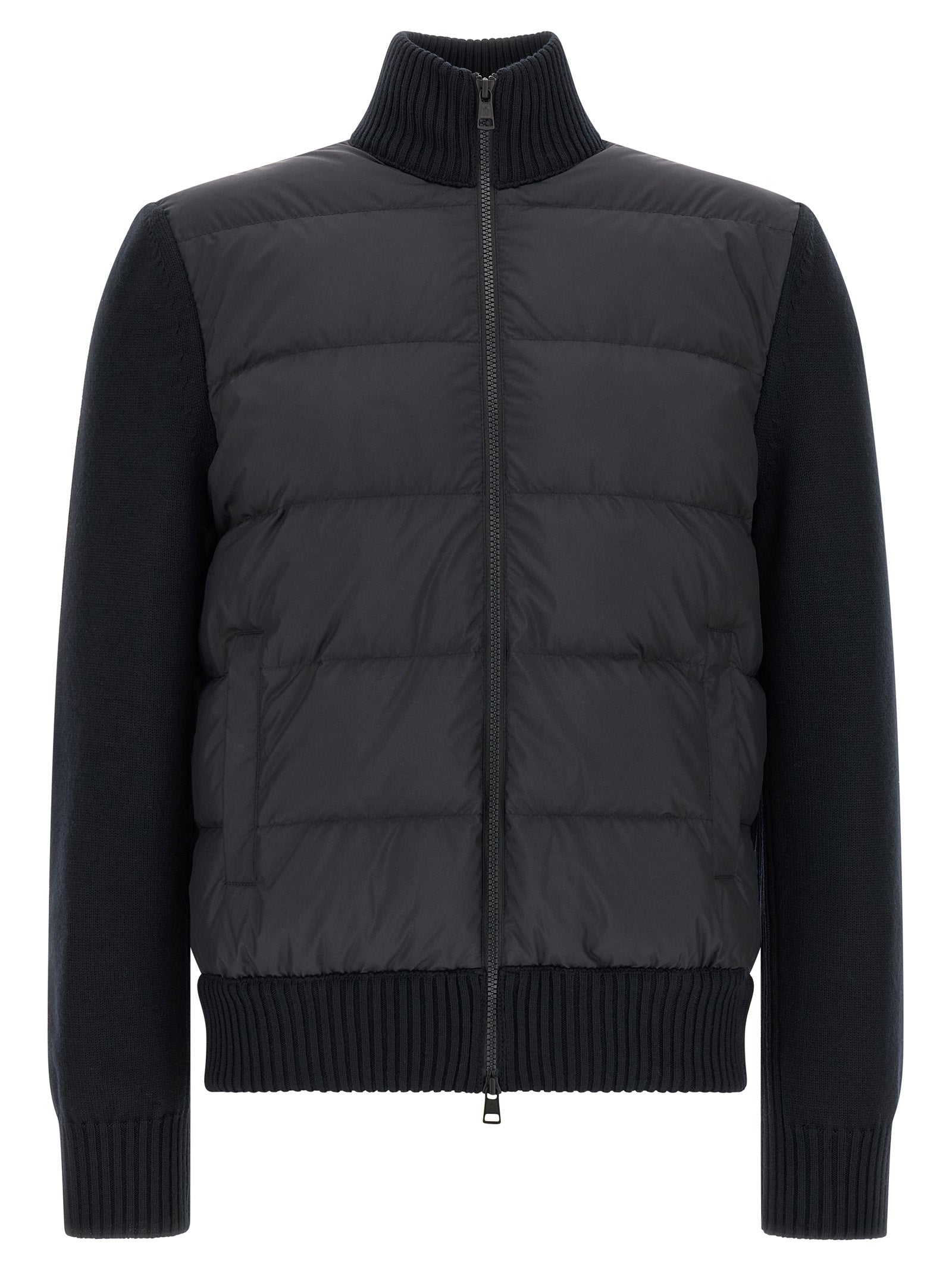 Cardigan by Moncler for men in virgin wool & polyester navy features a dramatic silhouette, showcasing a sophisticated high-neck neckline and dramatic detail for a timeless, premium look.
