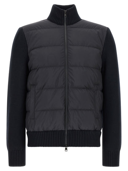 Cardigan by Moncler for men in virgin wool & polyester navy features a dramatic silhouette, showcasing a sophisticated high-neck neckline and dramatic detail for a timeless, premium look.