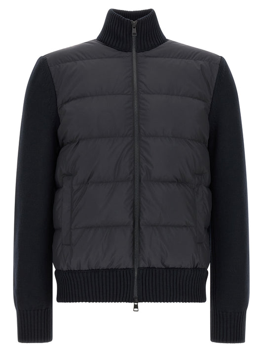 Cardigan by Moncler for men in virgin wool & polyester navy features a dramatic silhouette, showcasing a sophisticated high-neck neckline and dramatic detail for a timeless, premium look.