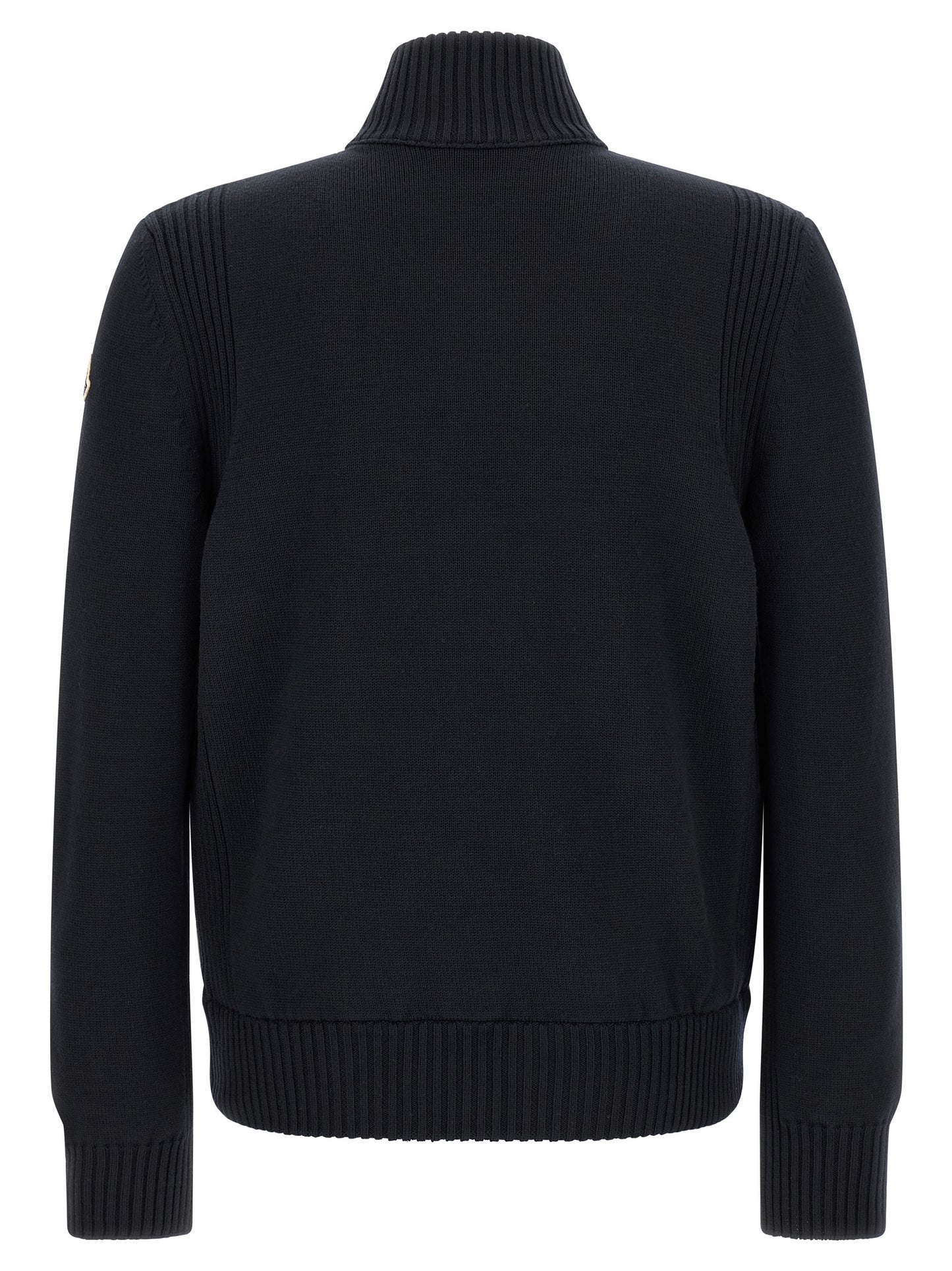 Cardigan by Moncler for men in virgin wool & polyester navy features an impeccable silhouette, showcasing a sophisticated high-neck neckline and detail for a truly impeccable finish.