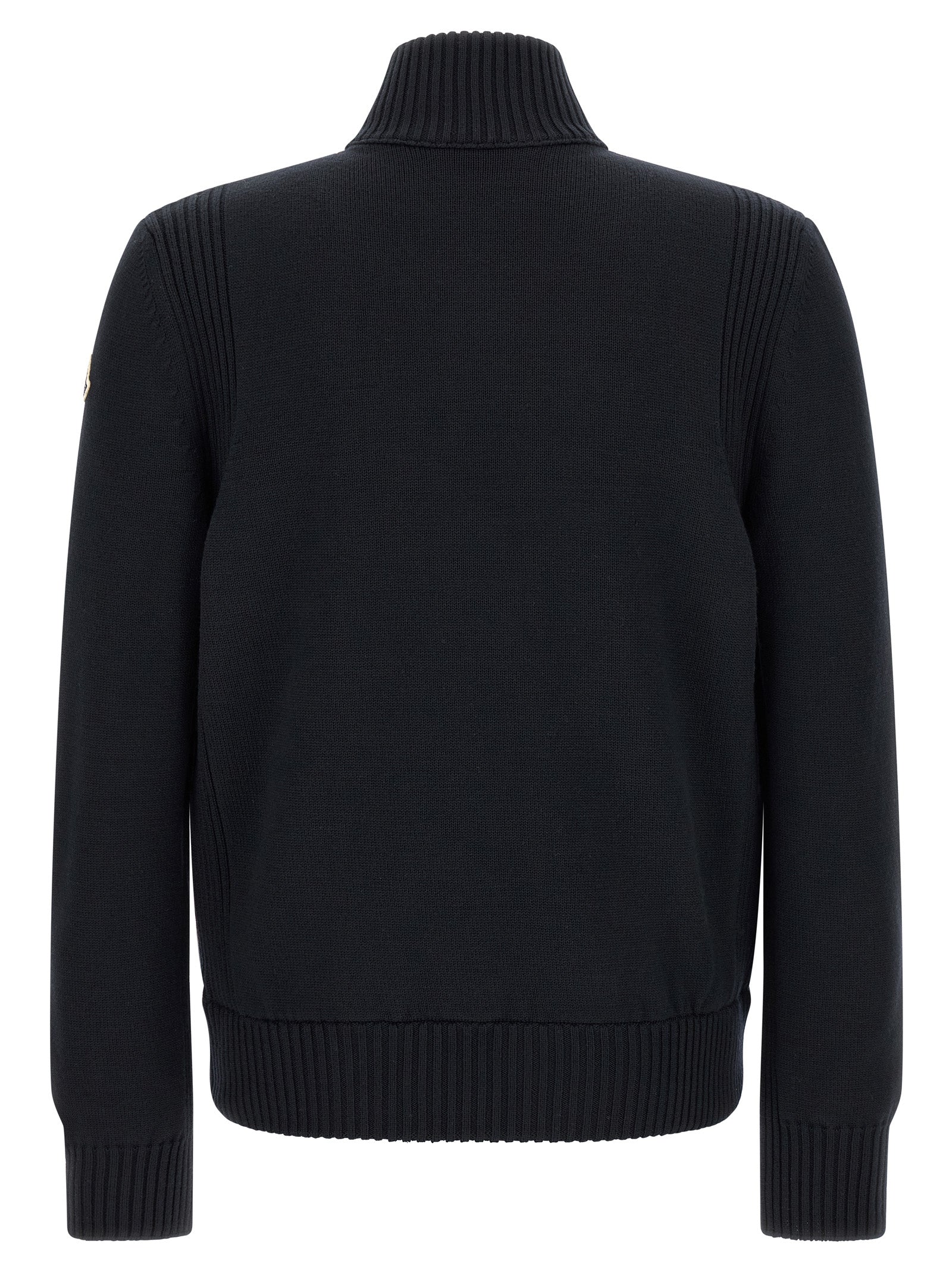 Cardigan by Moncler for men in virgin wool & polyester navy features an impeccable silhouette, showcasing a sophisticated high-neck neckline and detail for a truly impeccable finish.