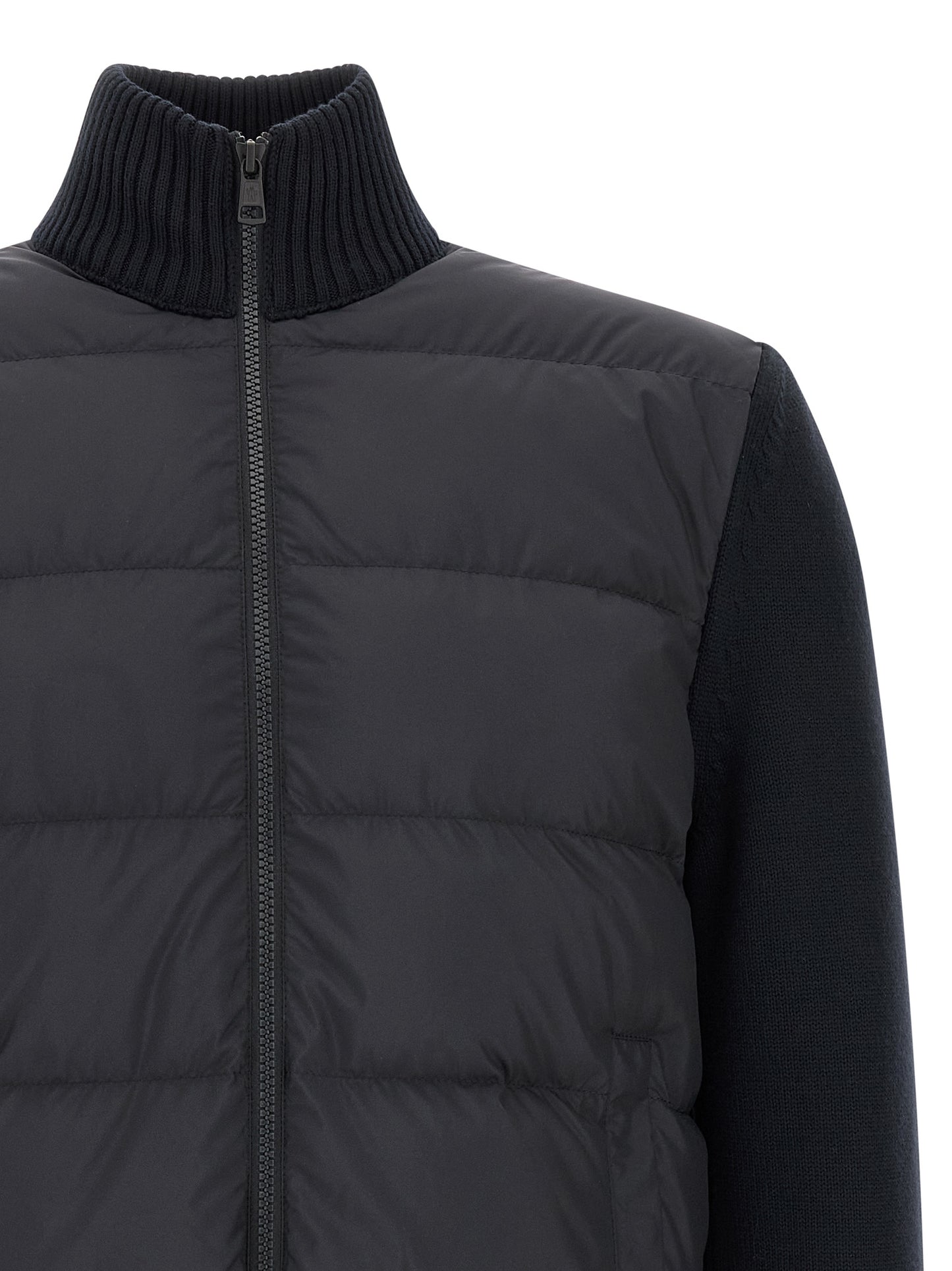 Cardigan by Moncler for men in virgin wool & polyester navy features a dramatic silhouette, showcasing a sophisticated high-neck neckline and dramatic detail for a timeless, premium look.