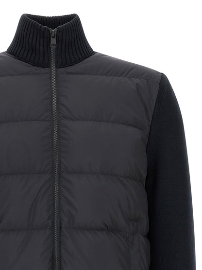 Cardigan by Moncler for men in virgin wool & polyester navy features a dramatic silhouette, showcasing a sophisticated high-neck neckline and dramatic detail for a timeless, premium look.