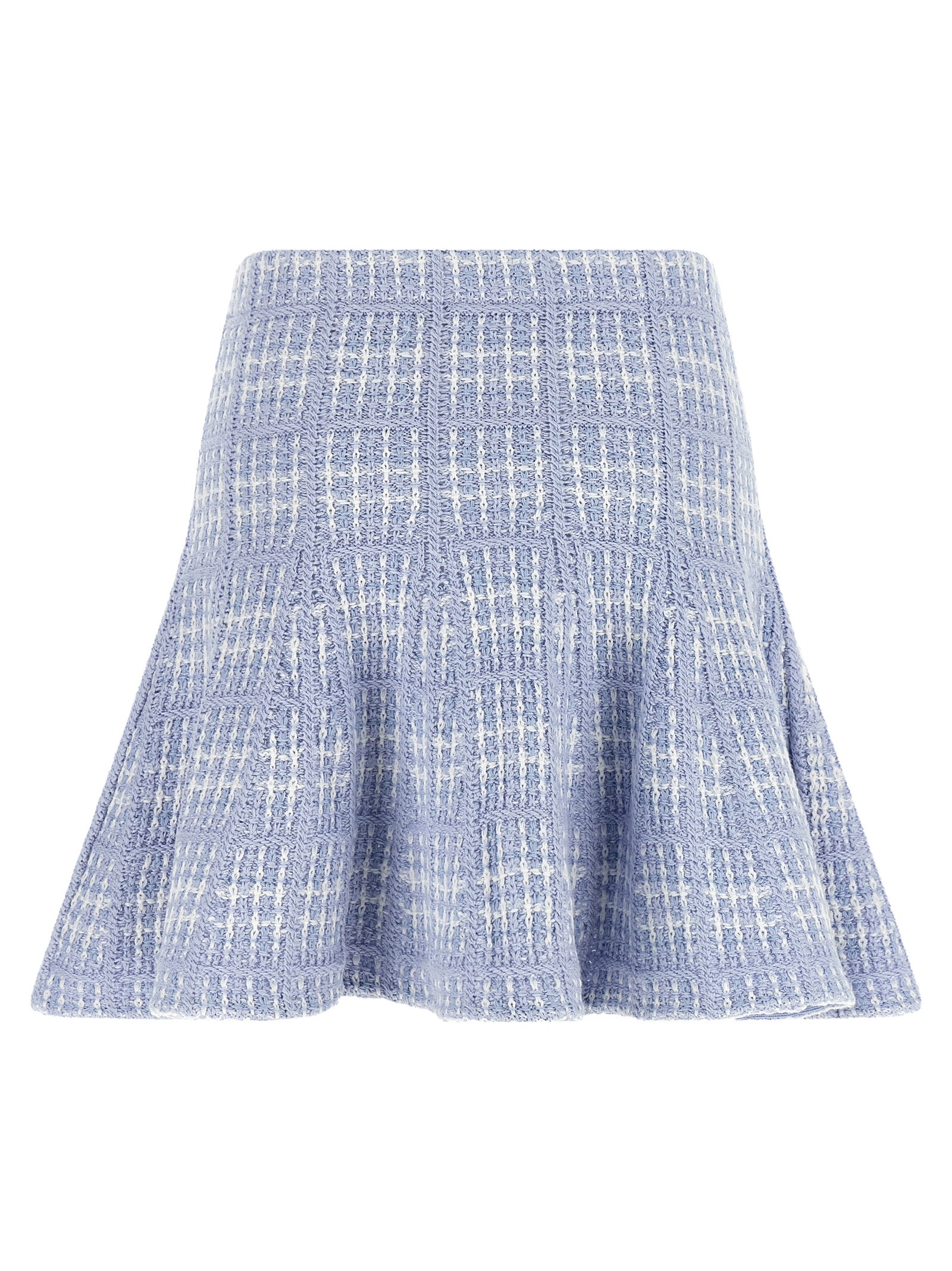 Skirt by Self-Portrait for women in polyamide polyester & cotton blue & white showcases a dramatic silhouette, artfully capturing the essence of the Women's Flared High Rise Polyamide Polyester & Cotton Mini Long Skirt in a dramatic mini long cut for a refined look.