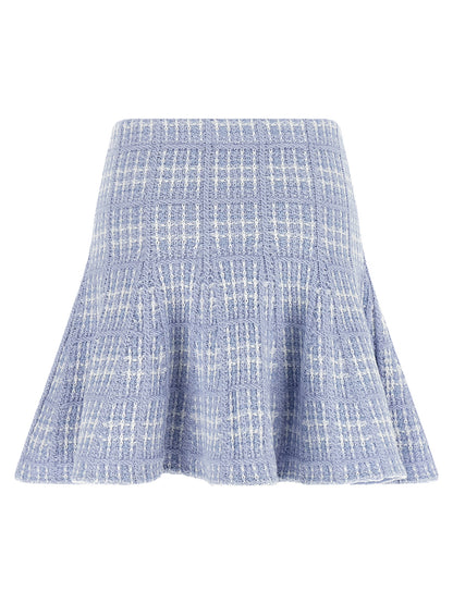 Skirt by Self-Portrait for women in polyamide polyester & cotton blue & white showcases a dramatic silhouette, artfully capturing the essence of the Women's Flared High Rise Polyamide Polyester & Cotton Mini Long Skirt in a dramatic mini long cut for a refined look.