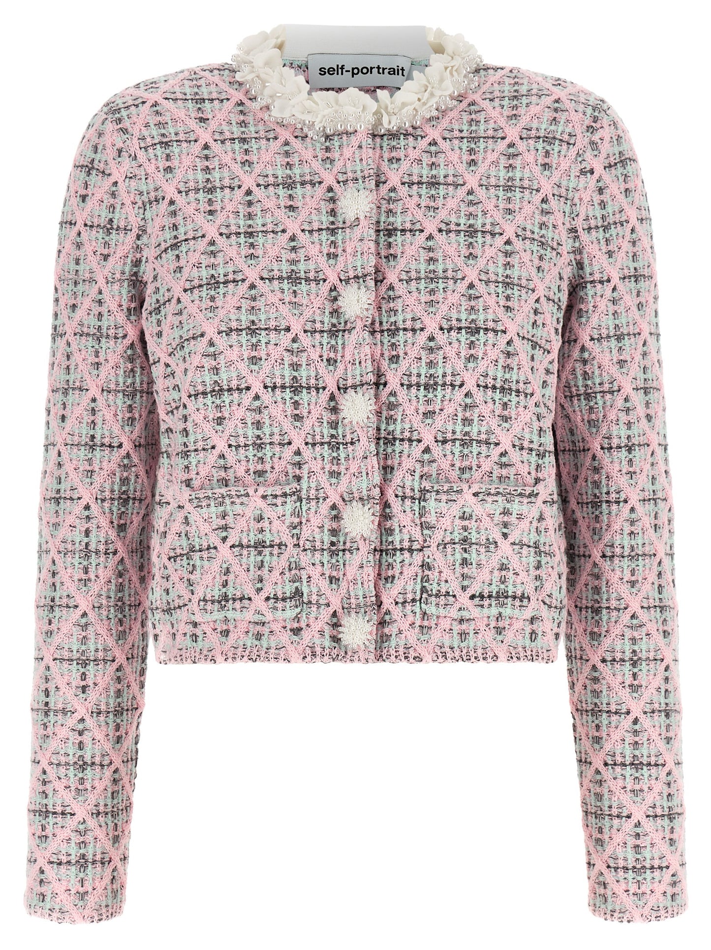 Cardigan by Self-Portrait for women in polyester cotton & alpaca wool mint-green, multicolor, pink, patterned & floral features an impeccable silhouette, showcasing a sophisticated and detail for a truly impeccable finish.