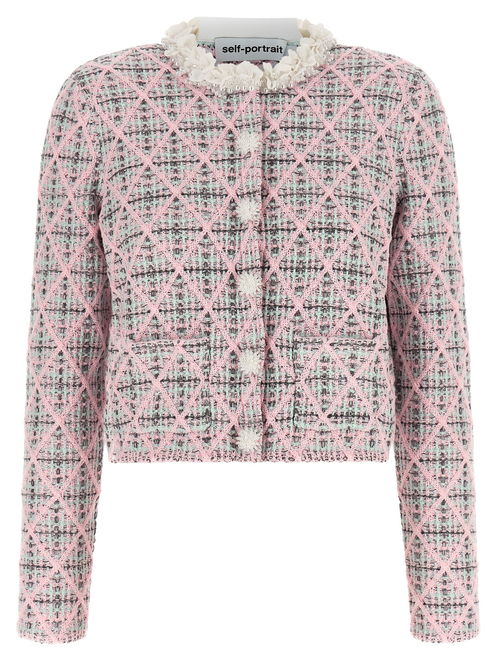 Cardigan by Self-Portrait for women in polyester cotton & alpaca wool mint-green, multicolor, pink, patterned & floral features an impeccable silhouette, showcasing a sophisticated and detail for a truly impeccable finish.
