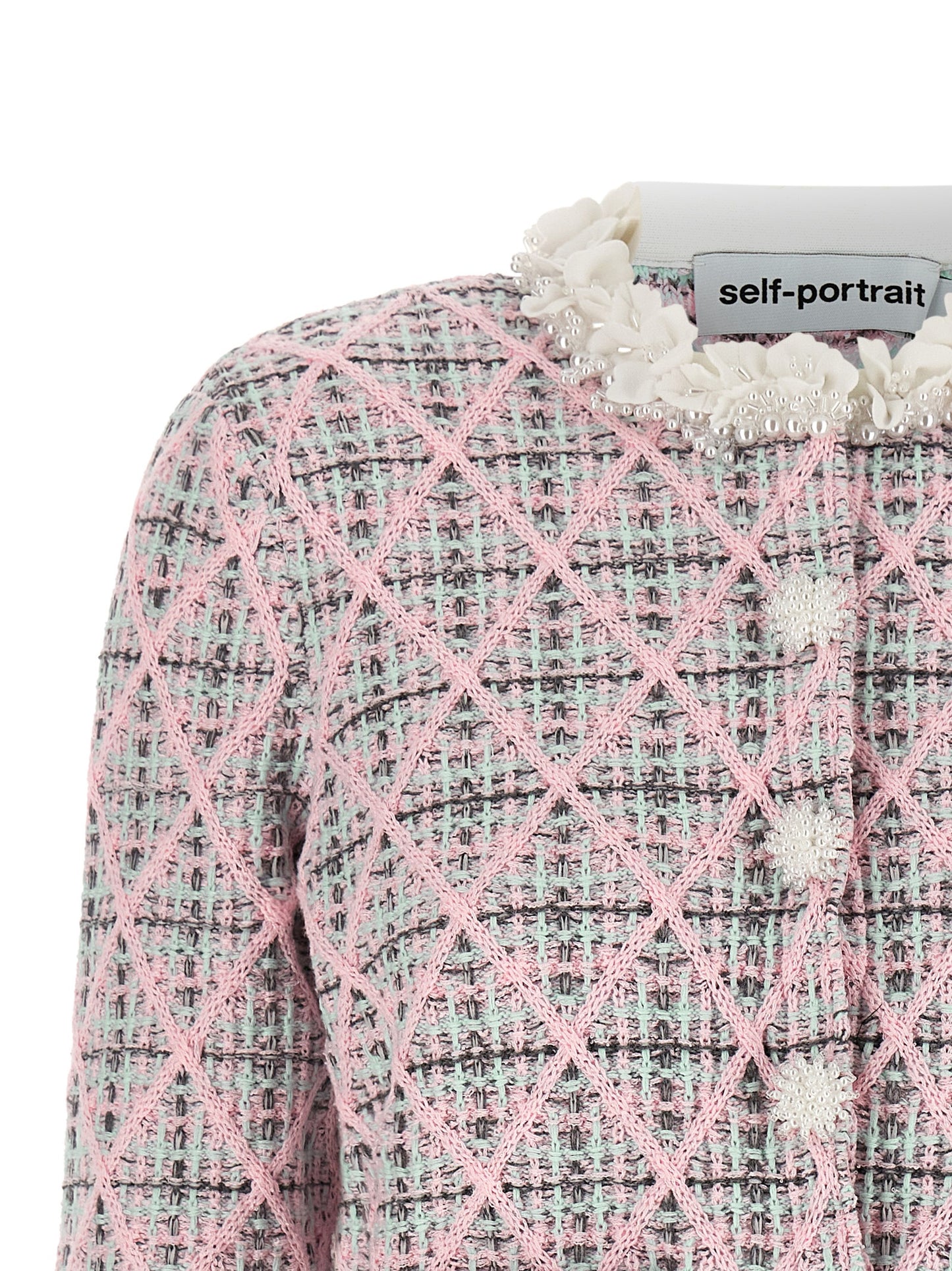Cardigan by Self-Portrait for women in polyester cotton & alpaca wool mint-green, multicolor, pink, patterned & floral features a nuanced silhouette with a refined and nuanced detailing for a sophisticated look.