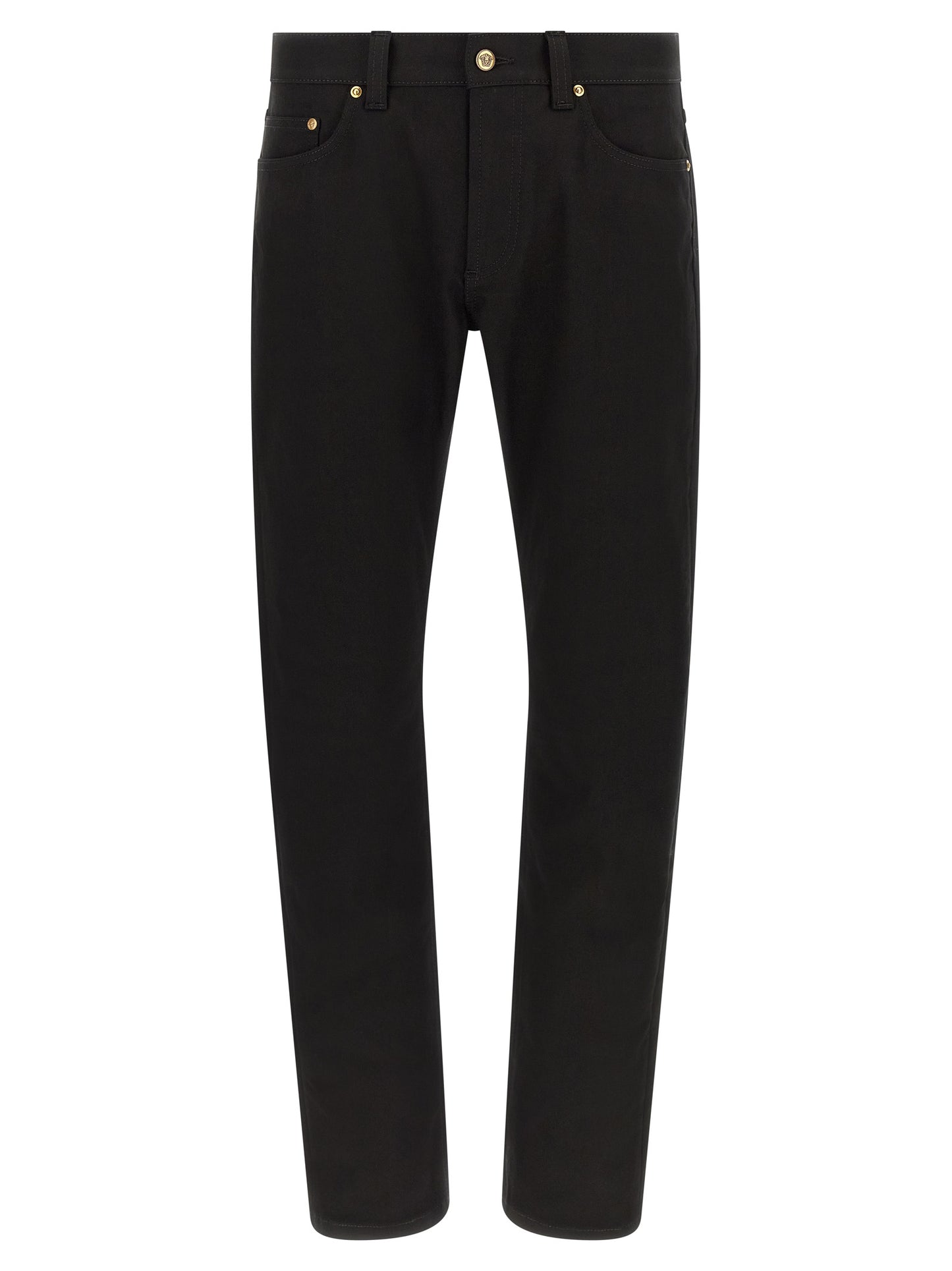 Jeans by Versace for men in stretch denim cotton black & gold features an refined tailoring silhouette, showcasing a premium straight-leg with a and long cut for a refined tailoring look.