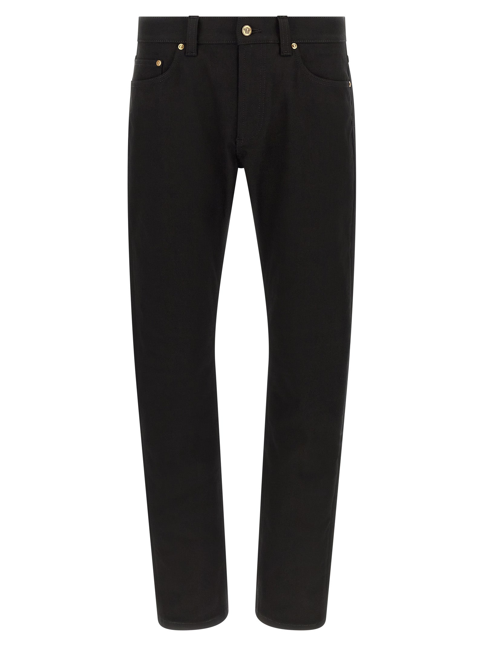 Jeans by Versace for men in stretch denim cotton black & gold features an refined tailoring silhouette, showcasing a premium straight-leg with a and long cut for a refined tailoring look.