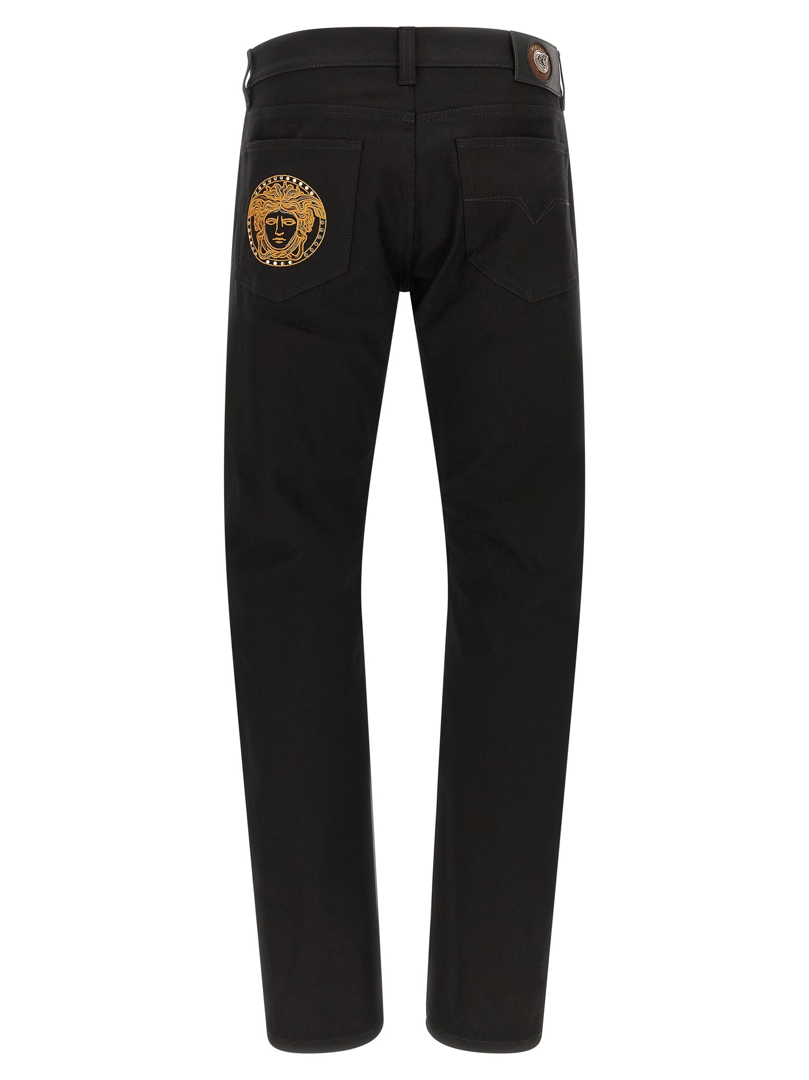 Jeans by Versace for men in stretch denim cotton black & gold features a polished silhouette with a polished straight-leg, reaching a polished long and finished with a polished .
