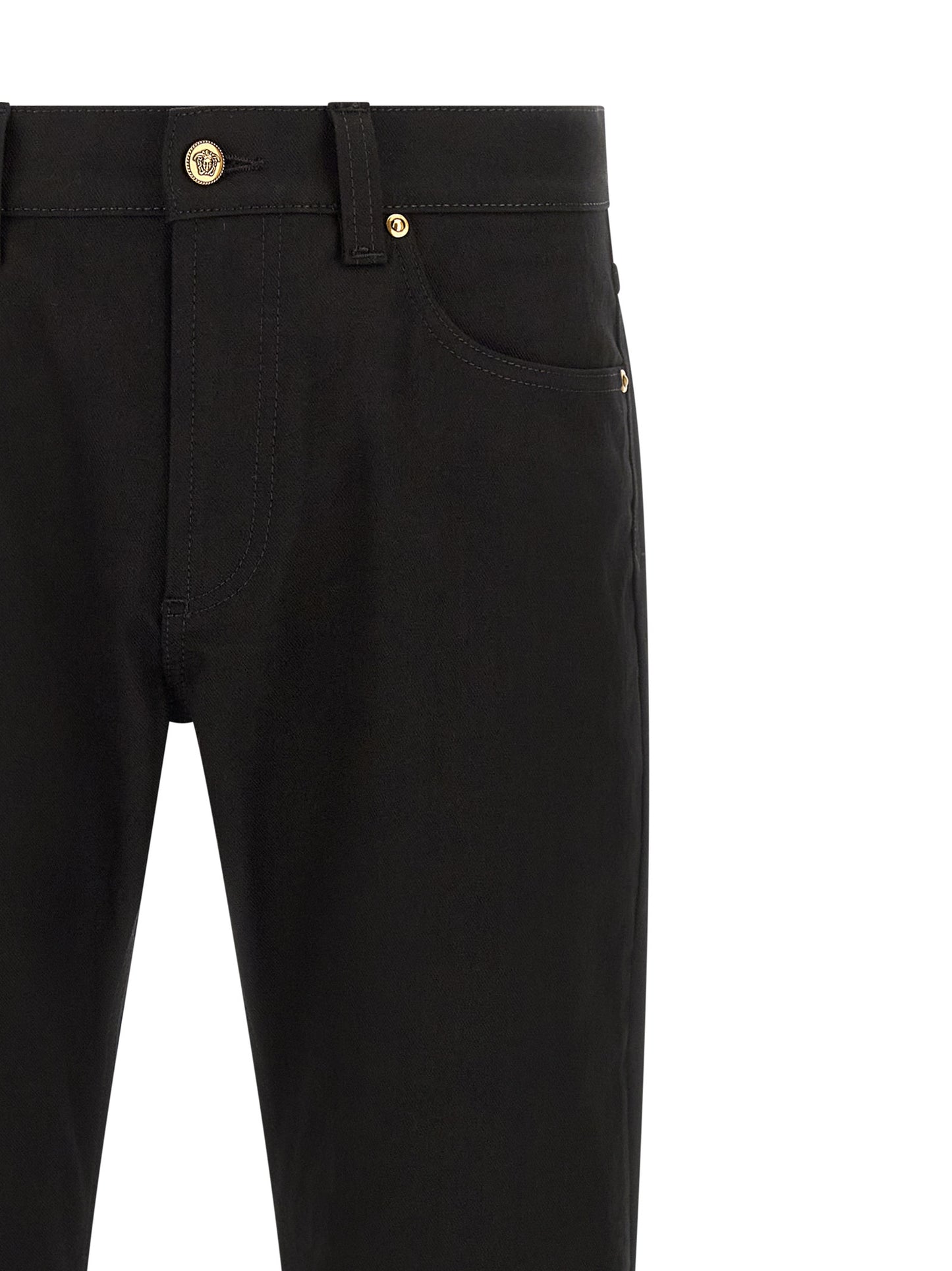 Jeans by Versace for men in stretch denim cotton black & gold presents a refined pantology silhouette, artfully defined by a refined pantology straight-leg, long, and a sophisticated .