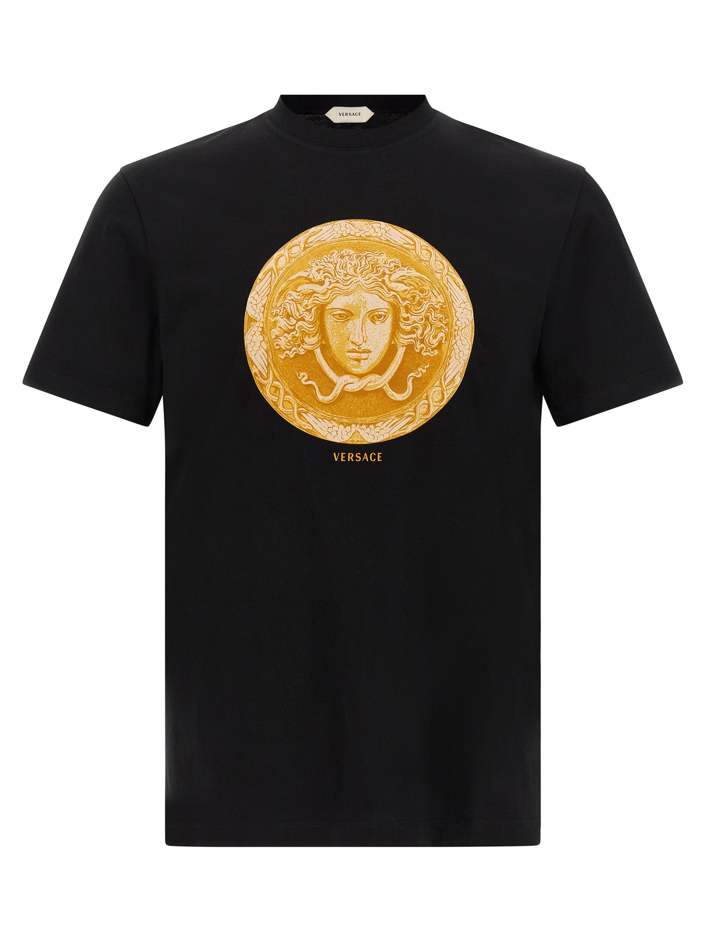 T-Shirt by Versace for men in cotton black, gold & print showcases a dramatic silhouette, elegantly detailed with a dramatic round neckline and short-sleeve for a truly dramatic finish.