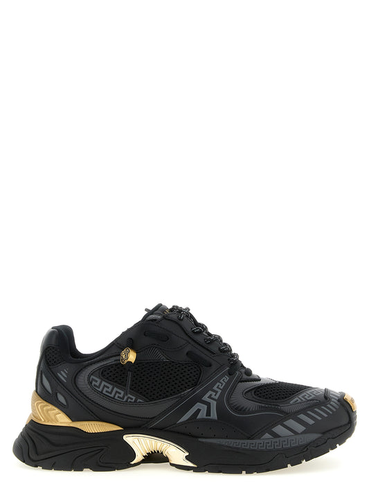 Athletic Sneakers by Versace for men in calfskin leather black, gold & multicolor features an timeless silhouette from the Medusa Men's Chunky Calfskin Leather Athletic Sneakers collection, showcasing a timeless chunky style for a timeless look.