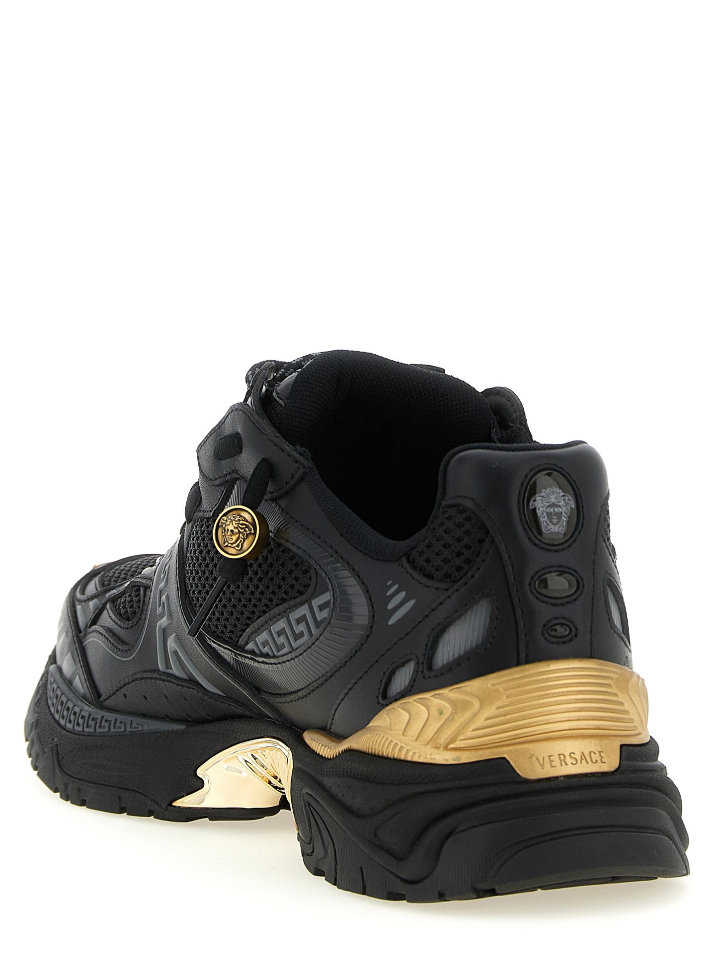 Athletic Sneakers by Versace for men in calfskin leather black, gold & multicolor features an exquisite silhouette, showcasing the premium chunky style of the Medusa Men's Chunky Calfskin Leather Athletic Sneakers with an exquisite finish.