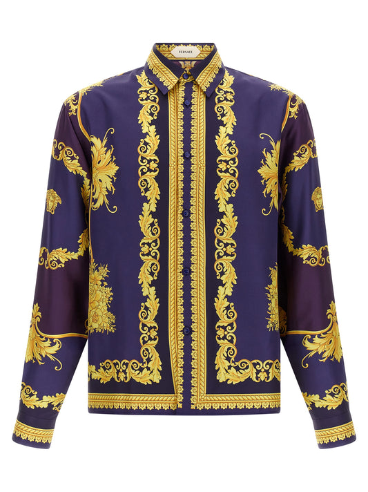 Shirt by Versace for men in silk twill gold, multicolor, purple & print features an polished silhouette, showcasing a sophisticated and detail for a truly polished finish.