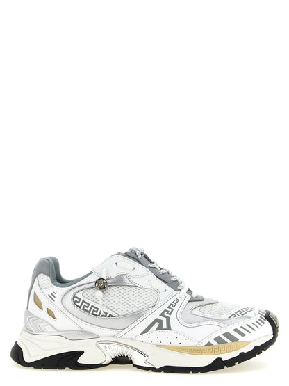 Sneakers by Versace for men in calfskin leather multicolor & silver presents a sumptuous silhouette, artfully capturing the essence of the Medusa Men's Chunky Calfskin Leather Sneakers with its sumptuous chunky style design.