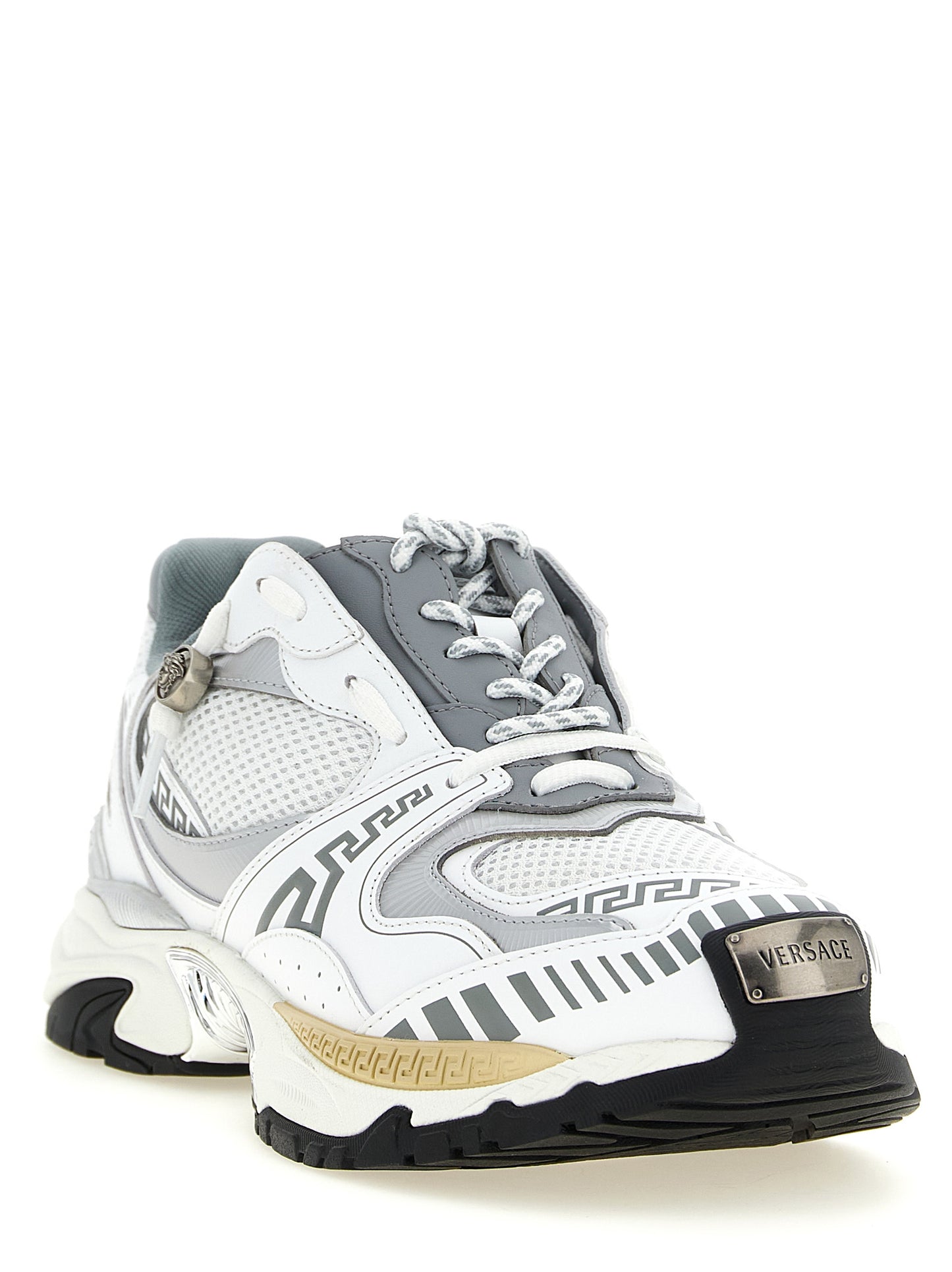 Sneakers by Versace for men in calfskin leather multicolor & silver features an versatile design from the Medusa Men's Chunky Calfskin Leather Sneakers collection, highlighting a versatile chunky style for a premium, high-fashion look.
