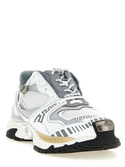 Sneakers by Versace for men in calfskin leather multicolor & silver features an versatile design from the Medusa Men's Chunky Calfskin Leather Sneakers collection, highlighting a versatile chunky style for a premium, high-fashion look.