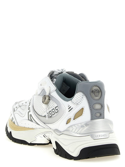 Sneakers by Versace for men in calfskin leather multicolor & silver features an fashionable silhouette, showcasing the premium Medusa Men's Chunky Calfskin Leather Sneakers in a fashionable chunky style that offers a fashionable finish for refined style.