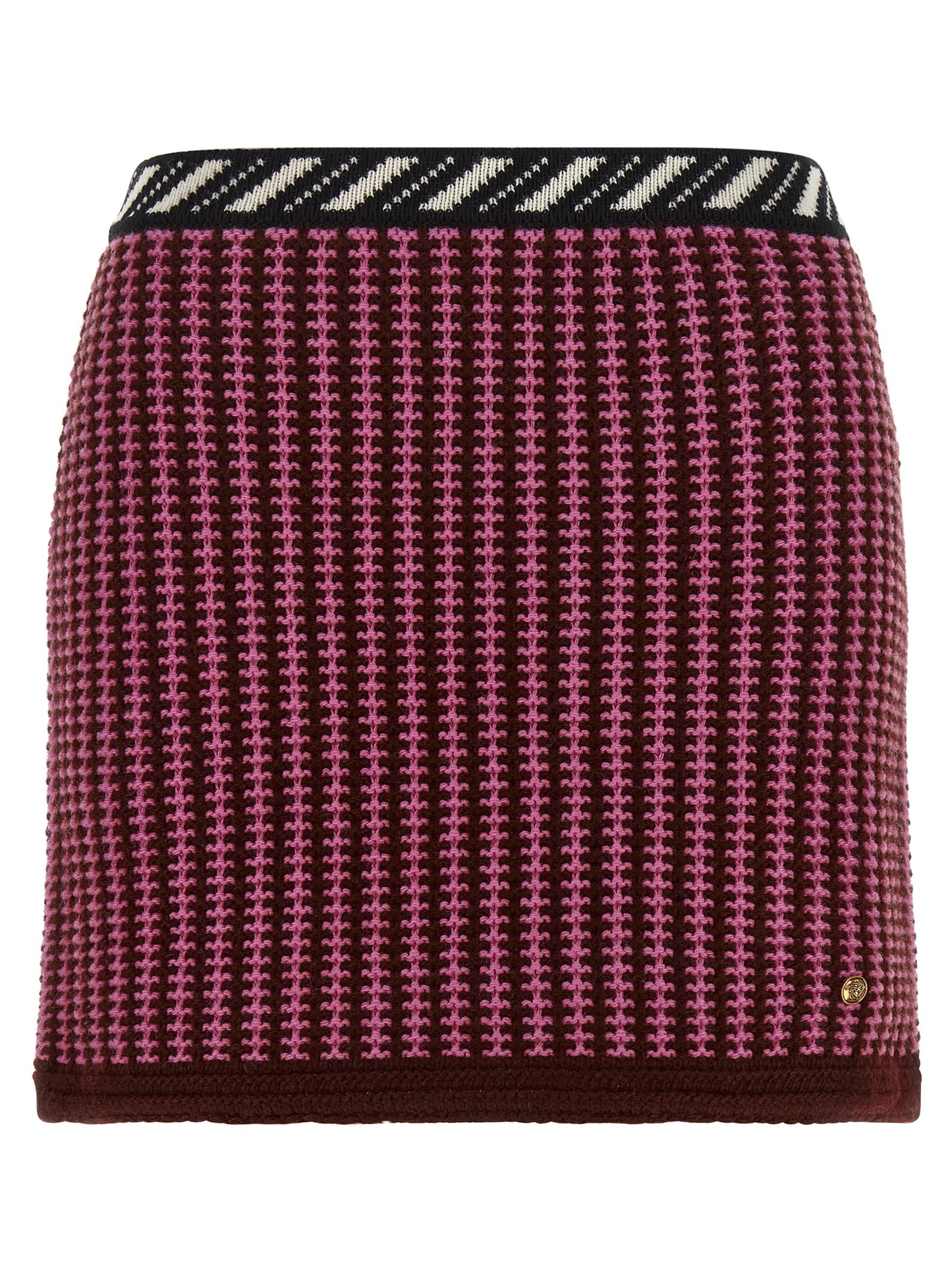 Skirt by Versace for women in virgin wool black, burgundy, cream, gold, multicolor, pink, patterned, signature & striped features an relaxed-yet-refined silhouette that elegantly showcases the Crochet Medusa Women's Virgin Wool Mini Long Skirt design and sophisticated mini long.