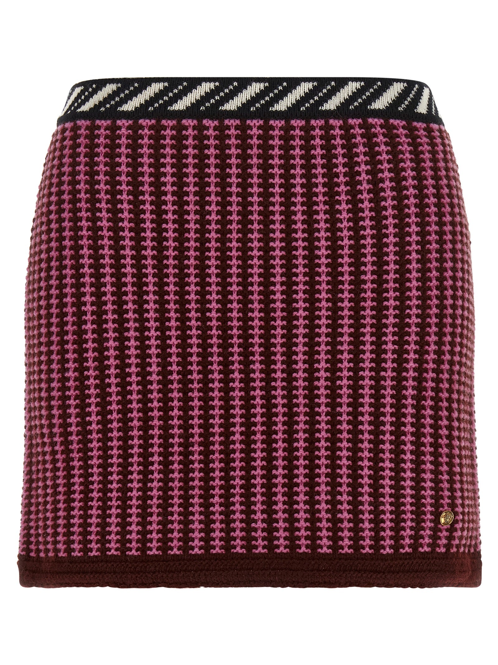 Skirt by Versace for women in virgin wool black, burgundy, cream, gold, multicolor, pink, patterned, signature & striped features an relaxed-yet-refined silhouette that elegantly showcases the Crochet Medusa Women's Virgin Wool Mini Long Skirt design and sophisticated mini long.