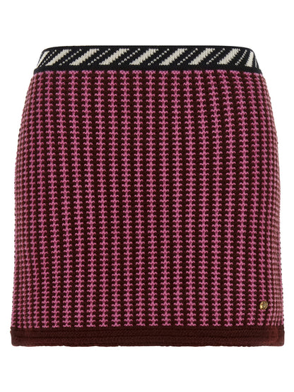 Skirt by Versace for women in virgin wool black, burgundy, cream, gold, multicolor, pink, patterned, signature & striped features an relaxed-yet-refined silhouette that elegantly showcases the Crochet Medusa Women's Virgin Wool Mini Long Skirt design and sophisticated mini long.
