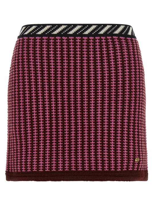 Skirt by Versace for women in virgin wool black, burgundy, cream, gold, multicolor, pink, patterned, signature & striped features an relaxed-yet-refined silhouette that elegantly showcases the Crochet Medusa Women's Virgin Wool Mini Long Skirt design and sophisticated mini long.