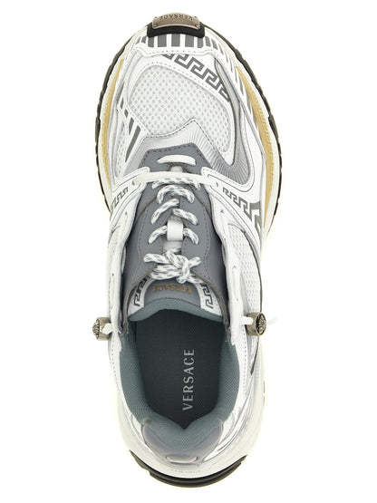 Sneakers by Versace for men in calfskin leather multicolor & silver presents a on trend silhouette from the Medusa Men's Chunky Calfskin Leather Sneakers collection, showcasing a on trend chunky style for an elevated aesthetic.