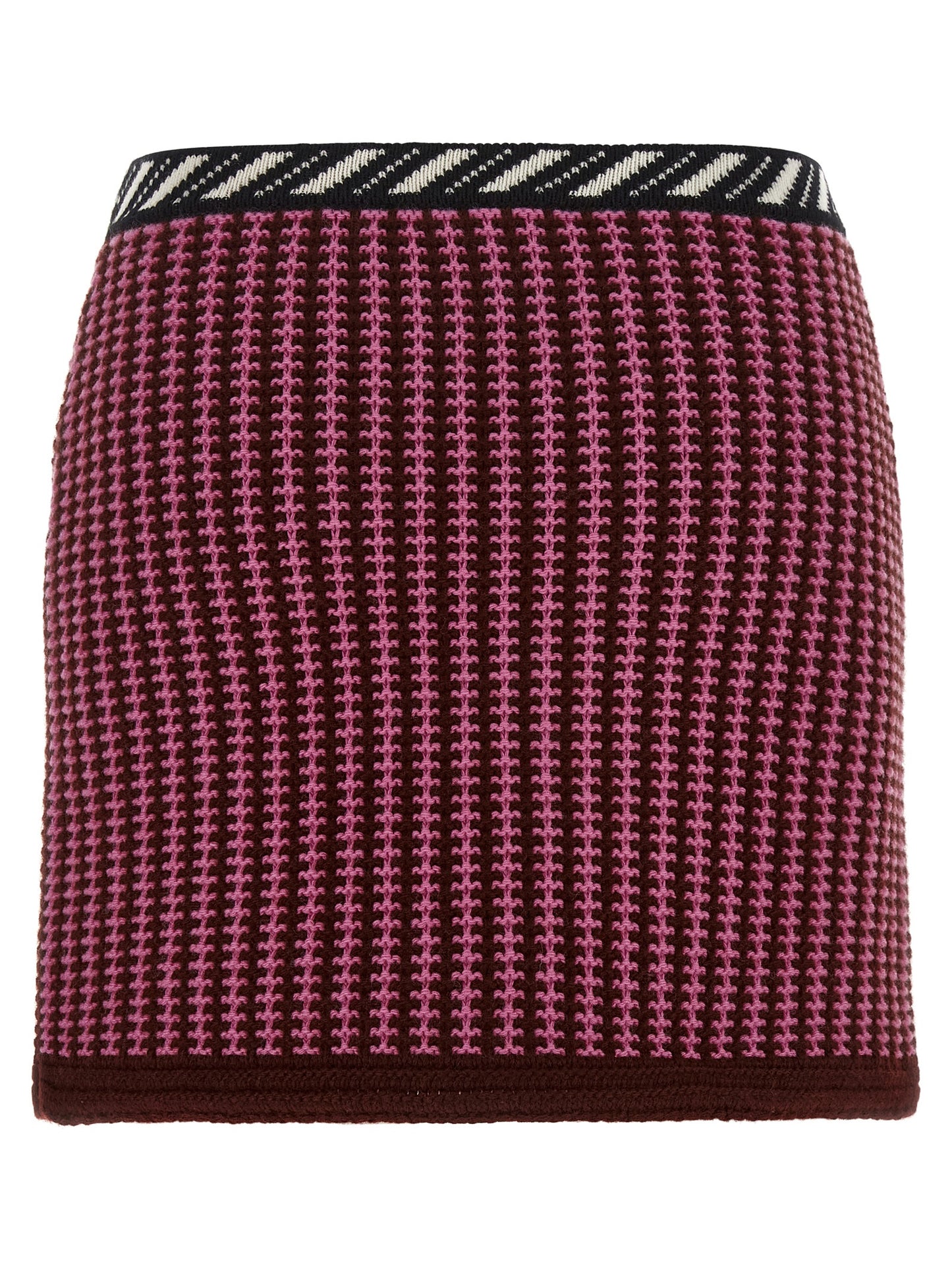 Skirt by Versace for women in virgin wool black, burgundy, cream, gold, multicolor, pink, patterned, signature & striped features a contoured silhouette from the Crochet Medusa Women's Virgin Wool Mini Long Skirt collection, characterized by its contoured mini long for a contoured finish.