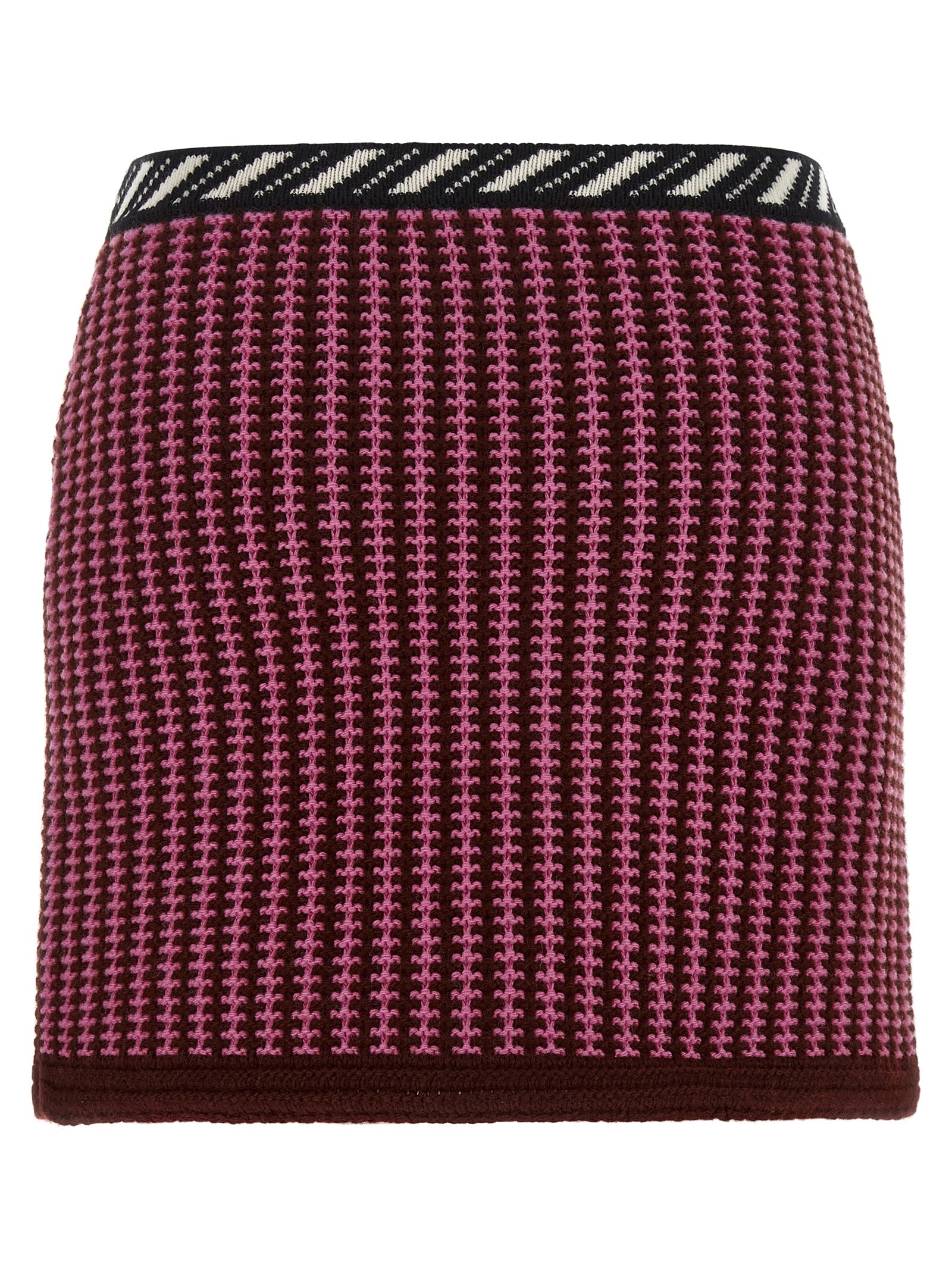 Skirt by Versace for women in virgin wool black, burgundy, cream, gold, multicolor, pink, patterned, signature & striped features a contoured silhouette from the Crochet Medusa Women's Virgin Wool Mini Long Skirt collection, characterized by its contoured mini long for a contoured finish.