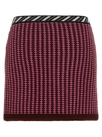 Skirt by Versace for women in virgin wool black, burgundy, cream, gold, multicolor, pink, patterned, signature & striped features a contoured silhouette from the Crochet Medusa Women's Virgin Wool Mini Long Skirt collection, characterized by its contoured mini long for a contoured finish.