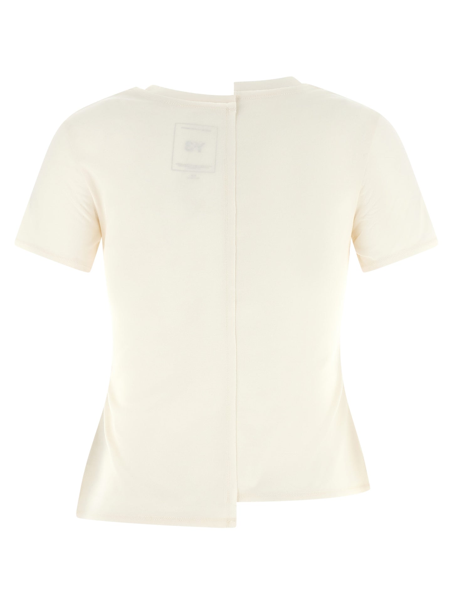 Activewear T-Shirt by Y-3 for women in cotton white presents a kinetic silhouette, showcasing the kinetic and split neckline alongside functional for a premium, athletic look.